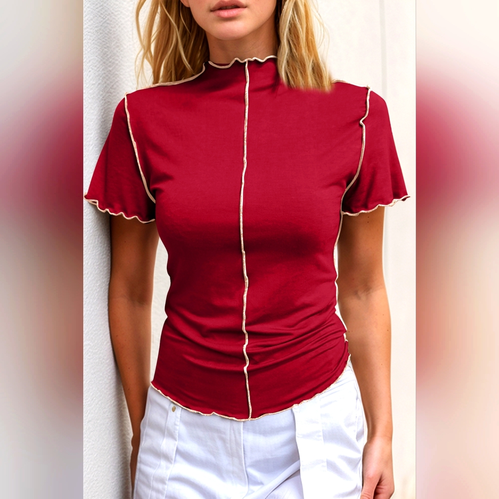 Basic Bae Contrast Trim Mock Neck Short Sleeve T-Shirt Top